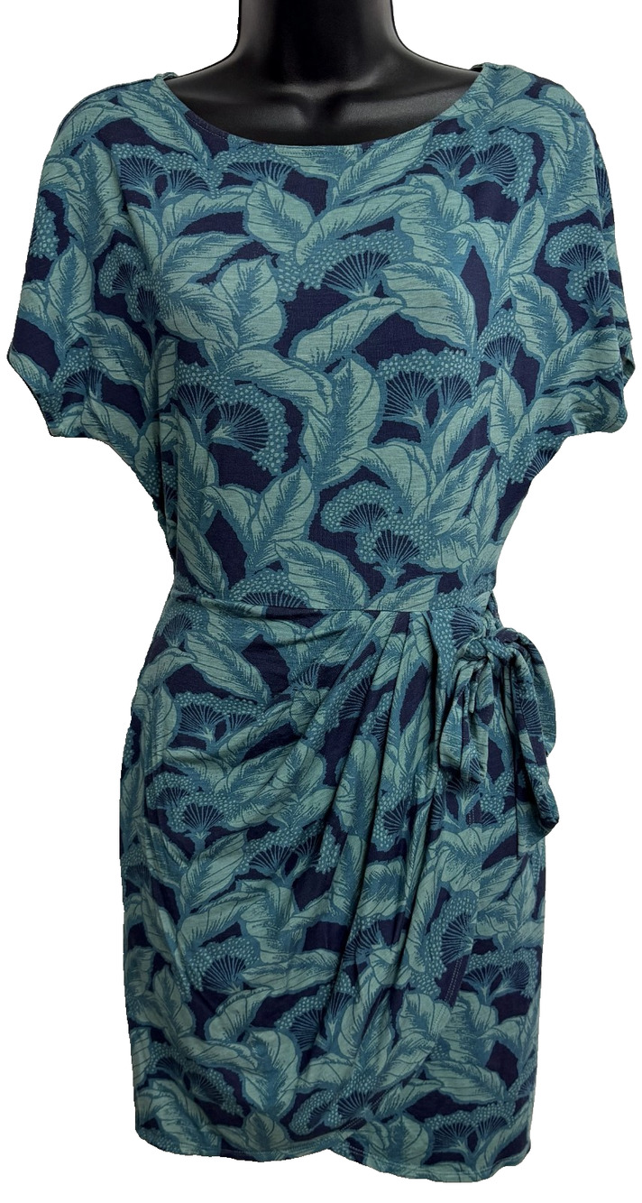 Reyn Spooner Side Tie Sheath Dress Womens Small Teal Navy Tropical Leaf Hawaiian